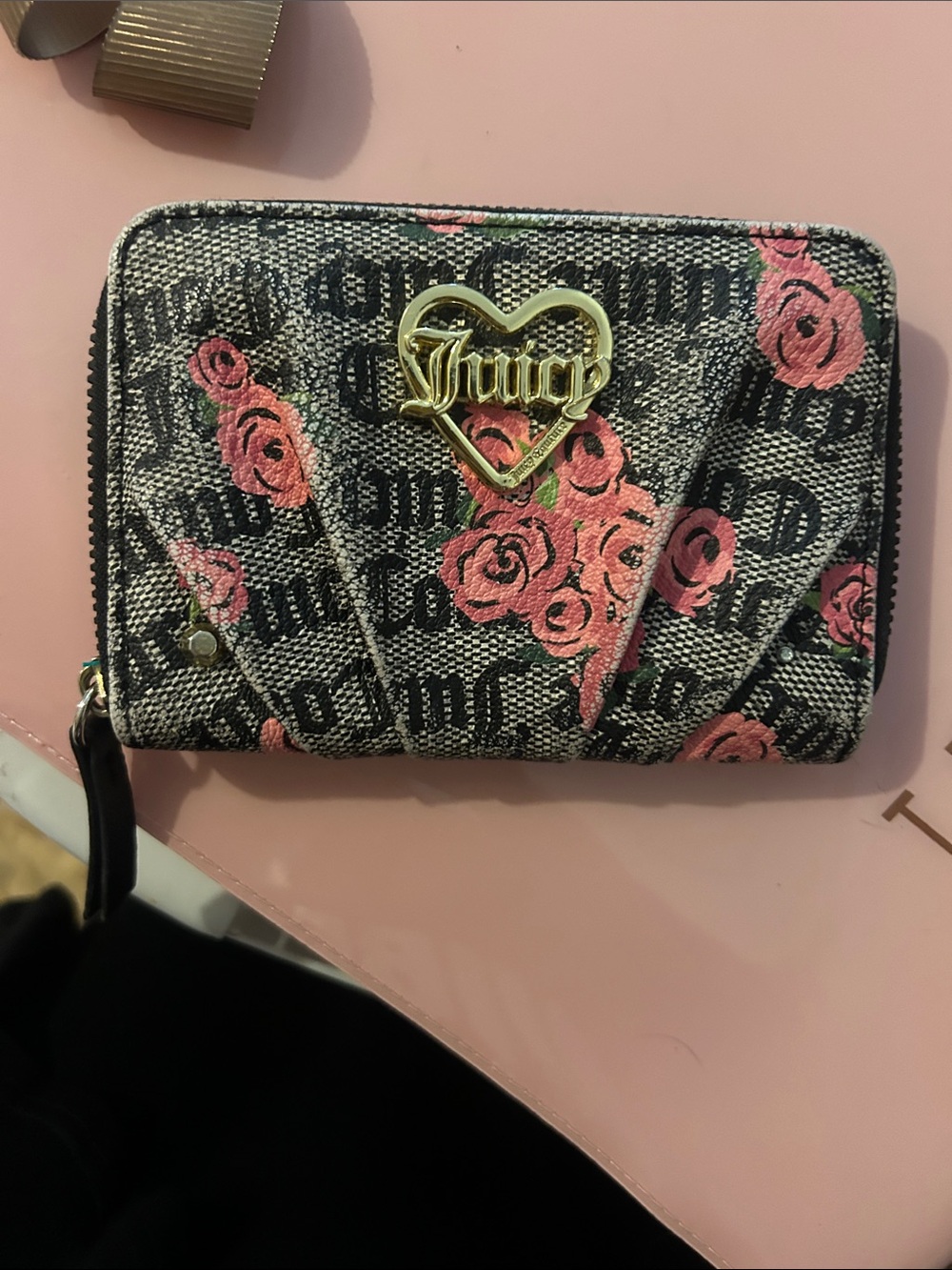 Juicy Couture Black Logo Wallet with Pink Rose Print and Gold Heart Emblem-NEW